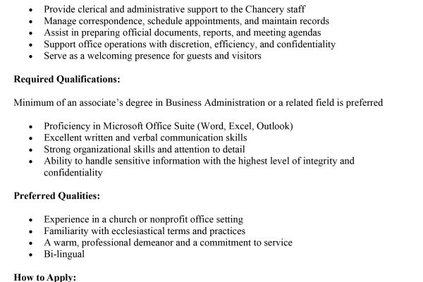 Job Vacancy: Administrative Assistant - Catholic Chancery Office