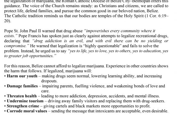 PASTORAL STATEMENT ON THE CAYE CAULKER MARIJUANA REFERENDUM